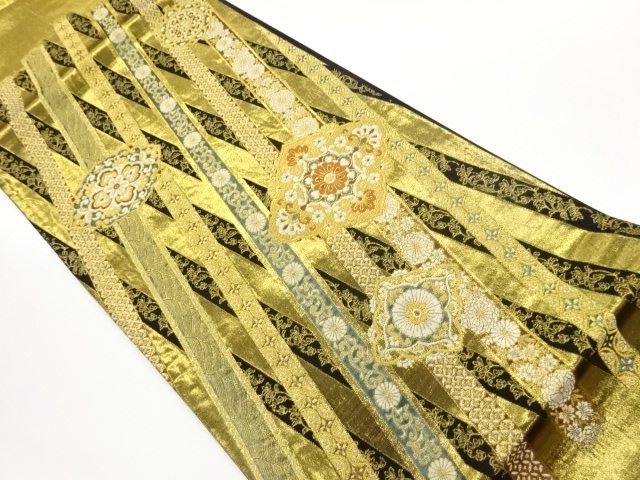 JAPANESE KIMONO / FUKURO OBI / SILK / WOVEN ABSTRACT STRIPE & FLORAL CREST & FLORAL PLANTS & SHIPPO